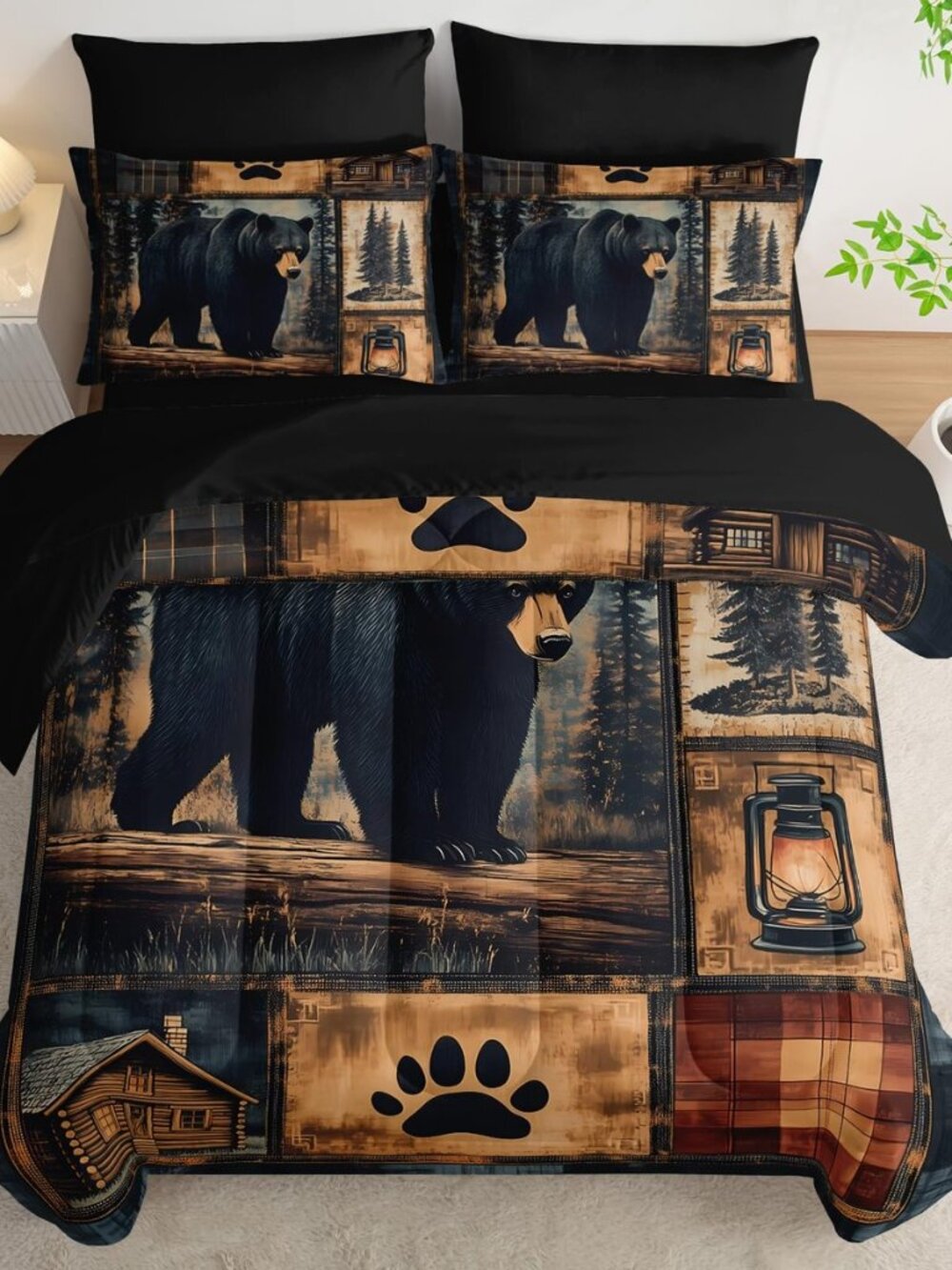 Black Rustic Bear Comforter Set Queen Size,7-Piece Soft Bed in a Bag,Retro